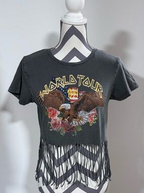 Full Tilt Women's World Tour Raw Fringe Hem Distressed Crop Top Size Small Grey